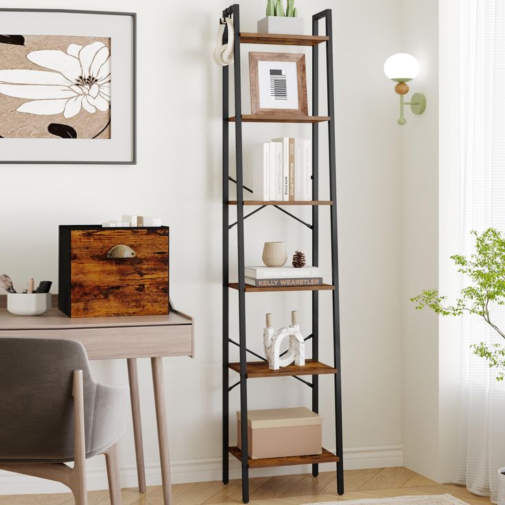 a room with a desk, chair and book shelf