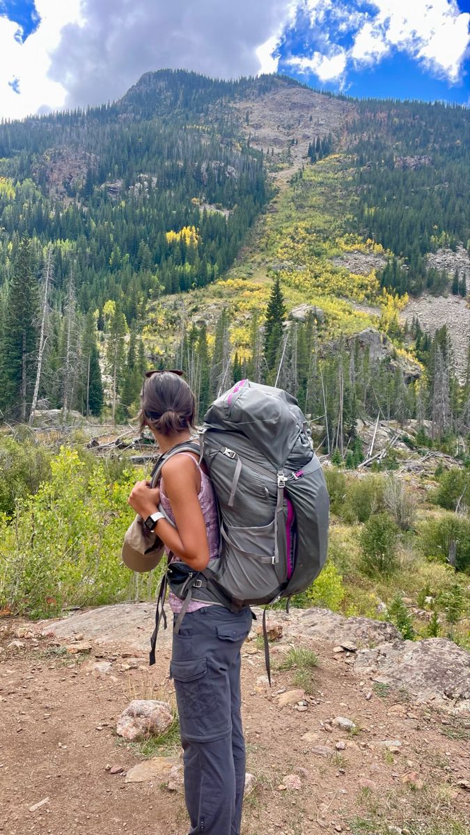 a woman with a backpack is looking at the mountains