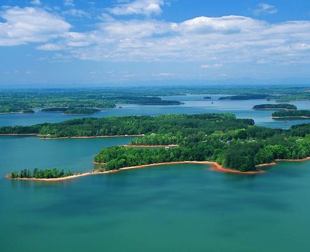 an aerial view of several islands in the water