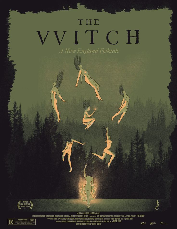 a movie poster for the witch with people jumping in the air and trees behind them