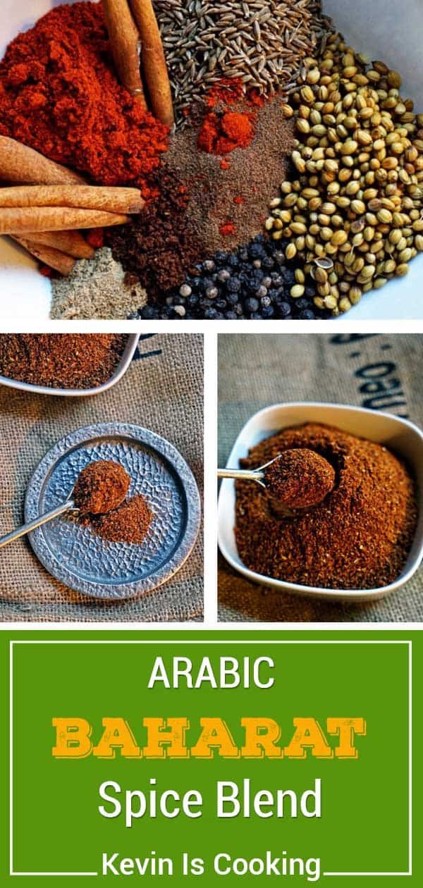 arabic spice blend in bowls and spoons with text overlay reading arabic bahart spice blend keven is cooking