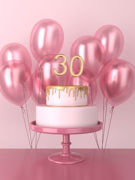 a birthday cake with gold number 30 on top surrounded by pink balloons