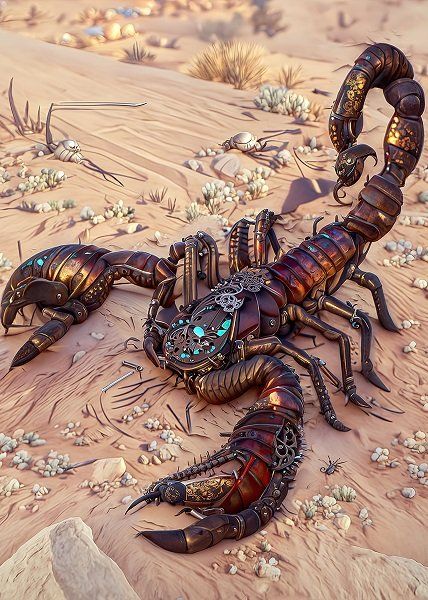 a scorpion is sitting on the ground in the desert, with its eyes open and it's tail curled up