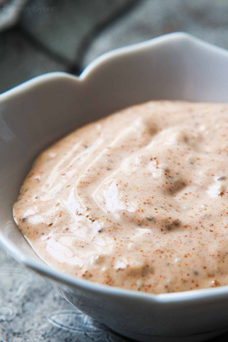 a close up of a bowl of food with the words remoulade on it