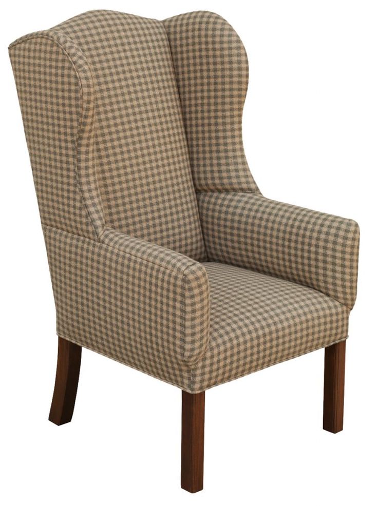 a brown and white checkered chair with wooden legs