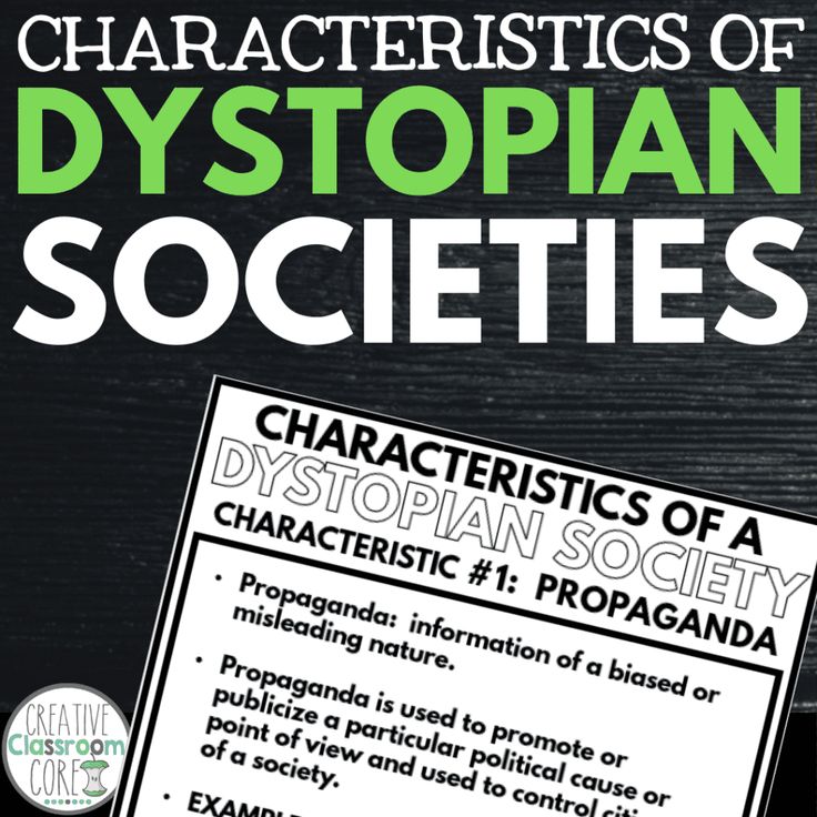 the cover of characteristics of dystopian societys, with an information card