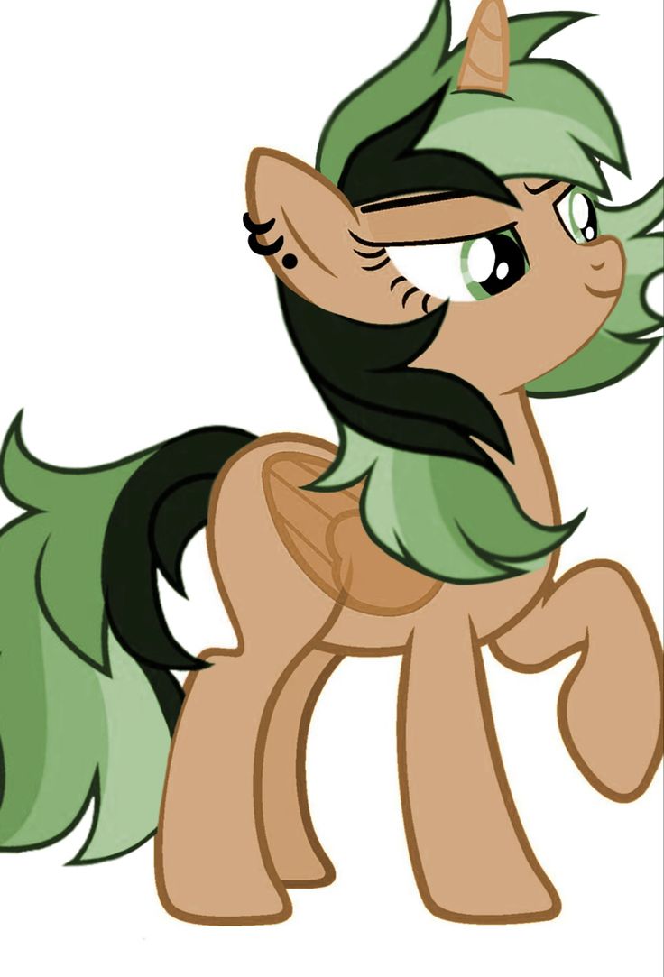 a cartoon pony with green hair and black eyes