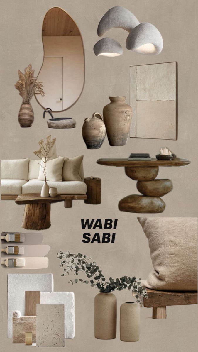 a collage of various objects including vases, mirrors and other items with the words wabi sabi written on them