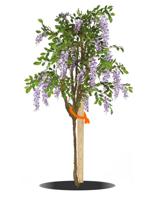 a small tree with purple flowers and an orange ribbon