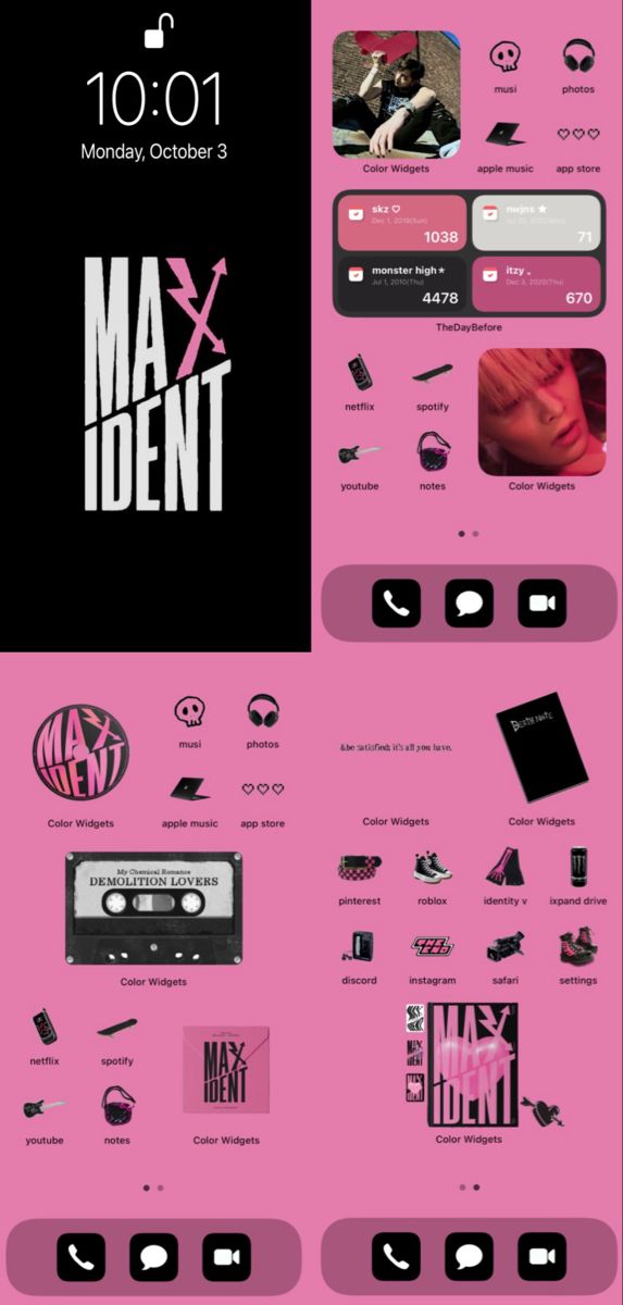 the back side of a pink and black poster with various items on it, including an ipod