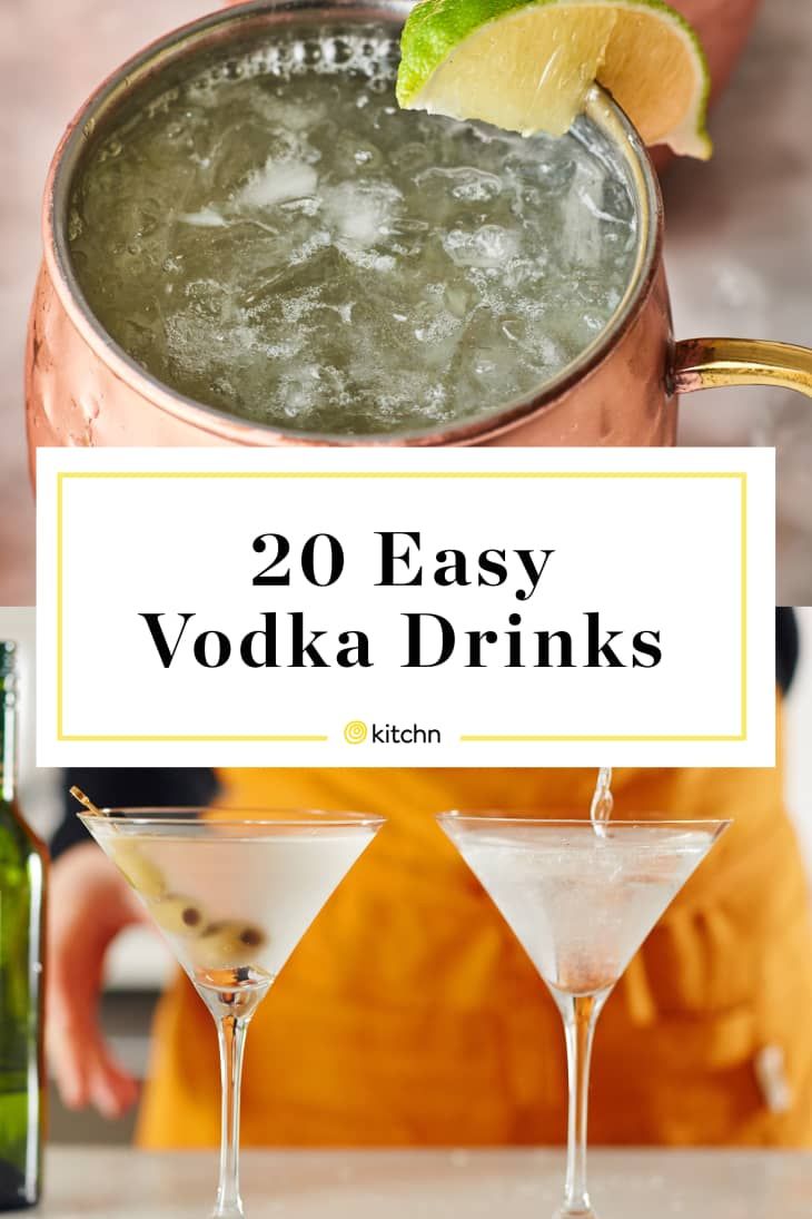 two martinis with lime garnish and the words, 20 easy vodka drinks