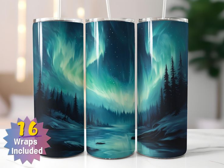 three glass vases sitting on top of a table next to an image of the northern lights