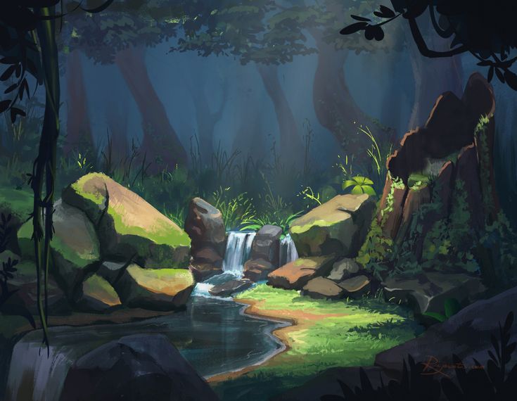 there is a small waterfall in the middle of some rocks and trees with a monkey on it