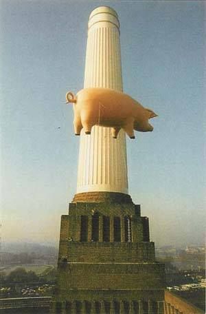 a large pig statue on top of a tall white column with a sky in the background