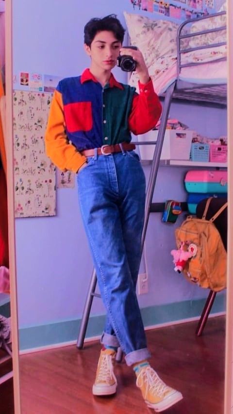 80s Male Outfits Aesthetic, Bright Color Clothing Aesthetic, Masculine 80s Outfits, Colourful 90s Outfits, Colorful 80s Outfits Men, 80s Bright Outfits, Colorful Outfit Ideas Men, 80s Masculine Fashion, Colorful 70s Outfits Men