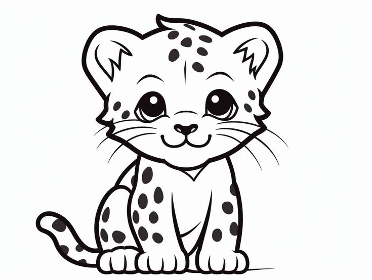 a black and white drawing of a baby cheetah sitting down with big eyes