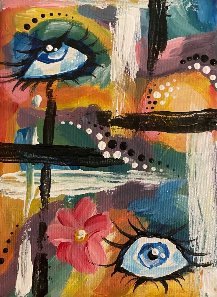 an abstract painting with flowers and blue eyes