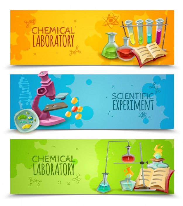 three horizontal banners with science and laboratory related items on them, including books, microscopes, flasks, test tubes