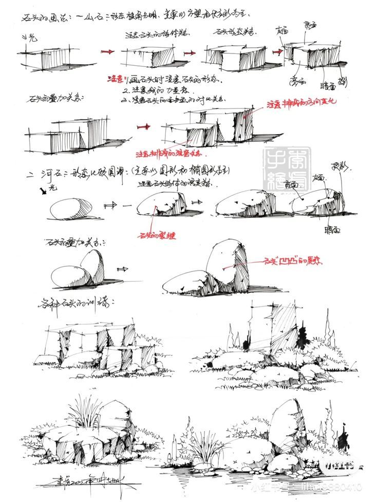 some sketches of different types of buildings and trees in the background, with chinese writing on them