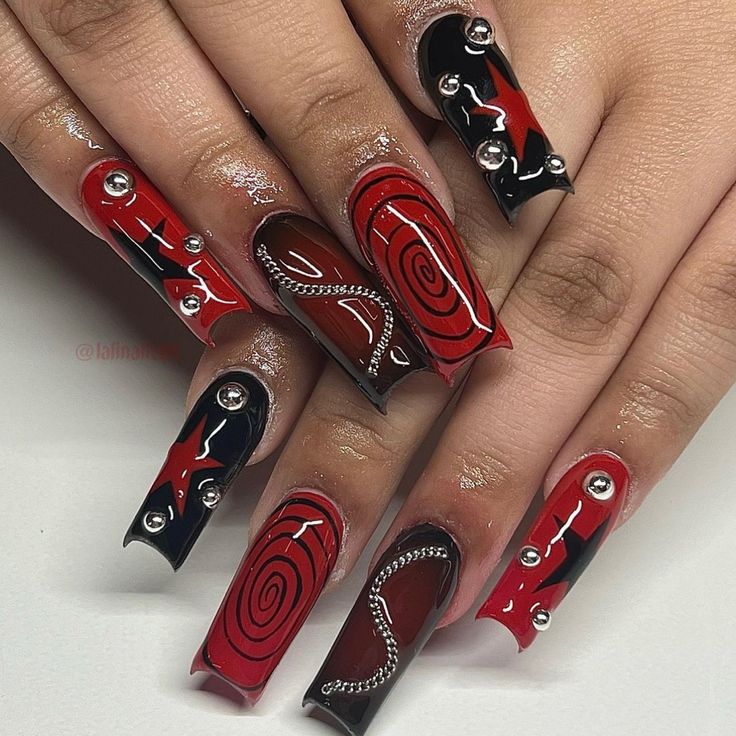 follow for more <3 || credit: @lalinailedit on ig Cherry Red And Black Nails, Punk Nails Acrylic, Red Grunge Nails, Cna Nails, Y2k Red Nails, Slipknot Nails, Romantic Goth Nails, Red Goth Nails, Goth Valentines Nails