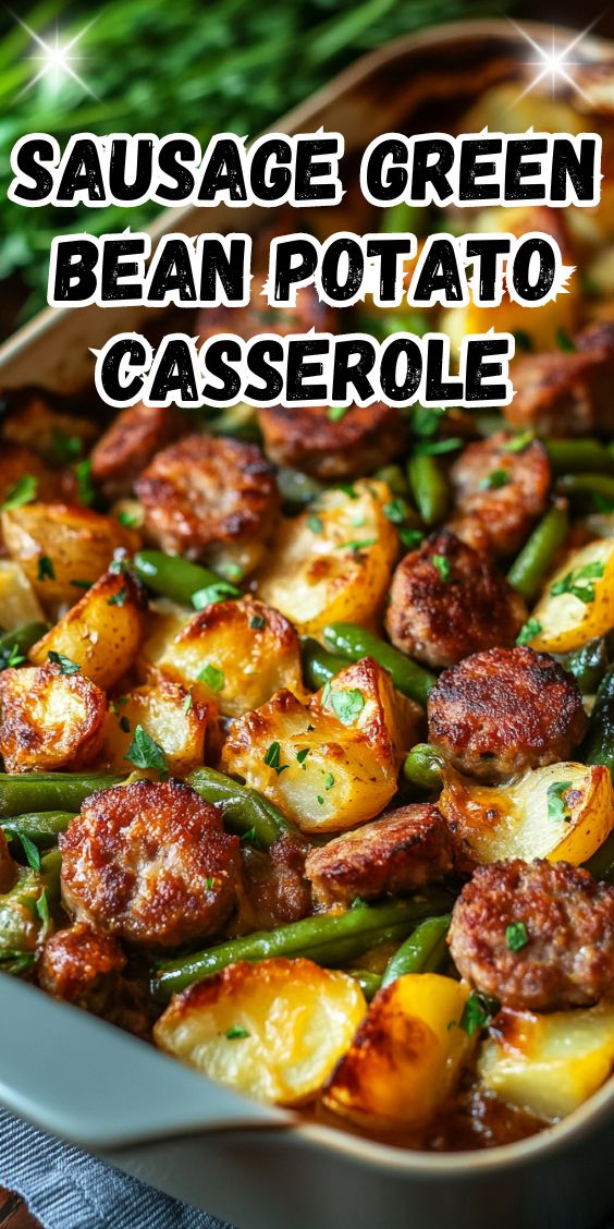 sausage green bean potato casserole in a white baking dish with text overlay