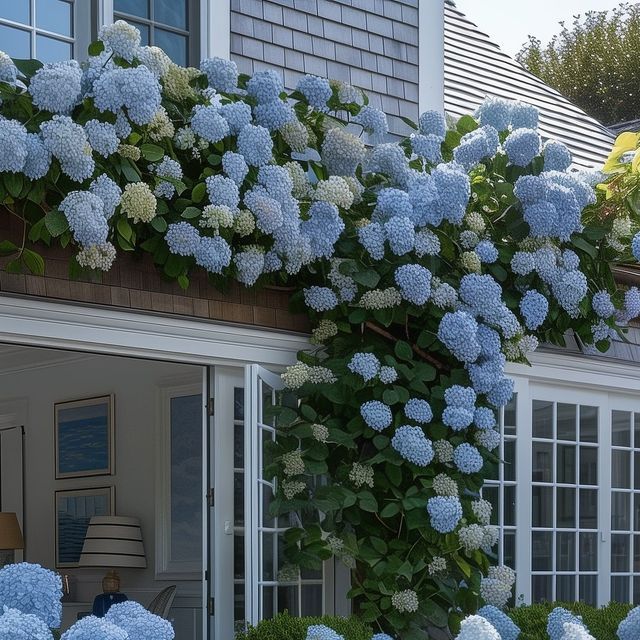 blue flowers are growing on the side of a house