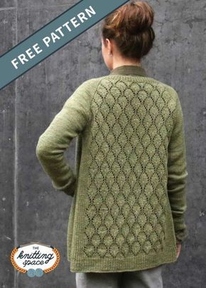 a woman wearing a green sweater and pants with the text free knitting pattern on it