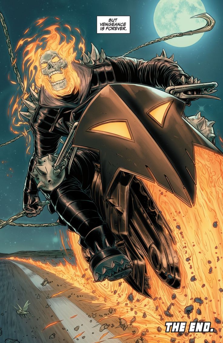 a comic character riding on the back of a motorcycle with flames coming out of it