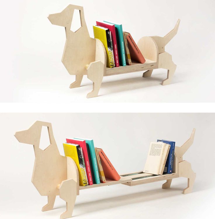 two pictures of bookshelves made out of plywood and wood, each with a dog shaped book holder