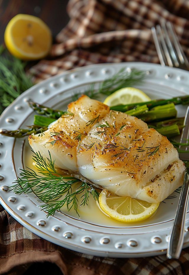 a white plate topped with fish and asparagus