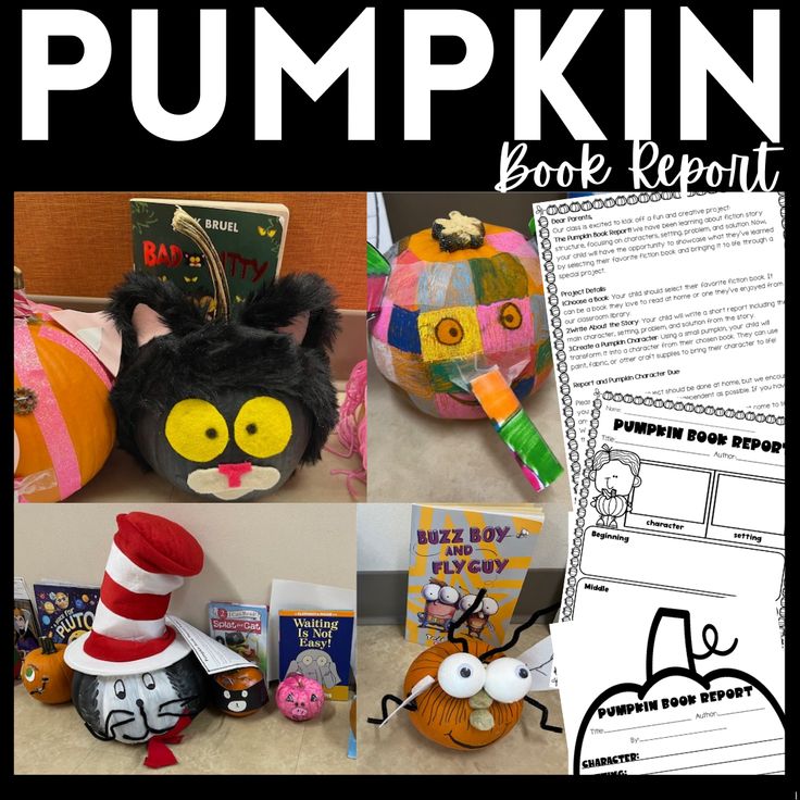 pumpkin book report with pictures of stuffed animals and books on the table in front of them