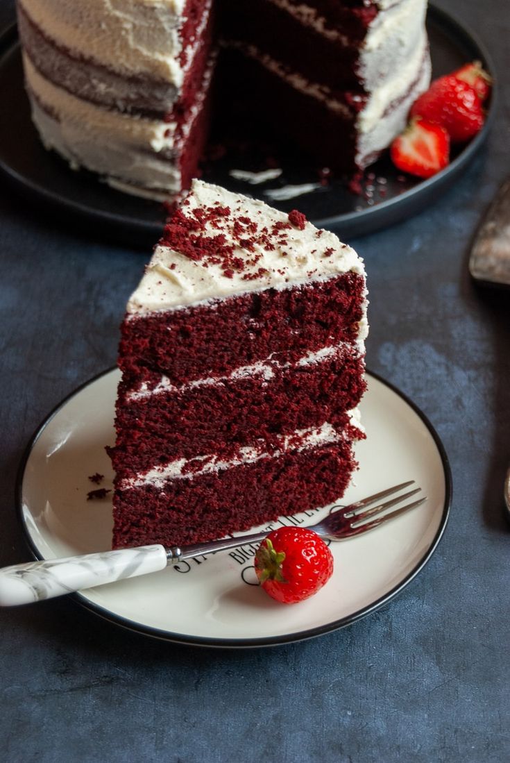 a slice of red velvet cake on a plate