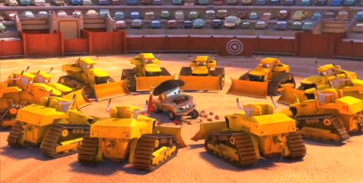 a group of yellow bulldozers sitting on top of a dirt field next to each other