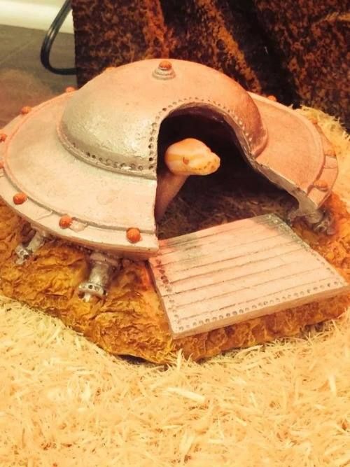 a model of a roman helmet on display in a museum setting with straw and wood shavings around it