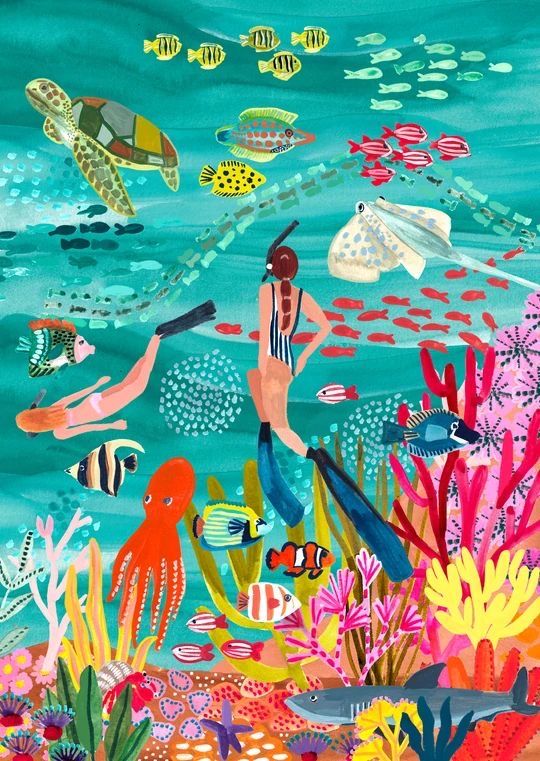 an underwater scene with people swimming in the water and sea life around them, including corals