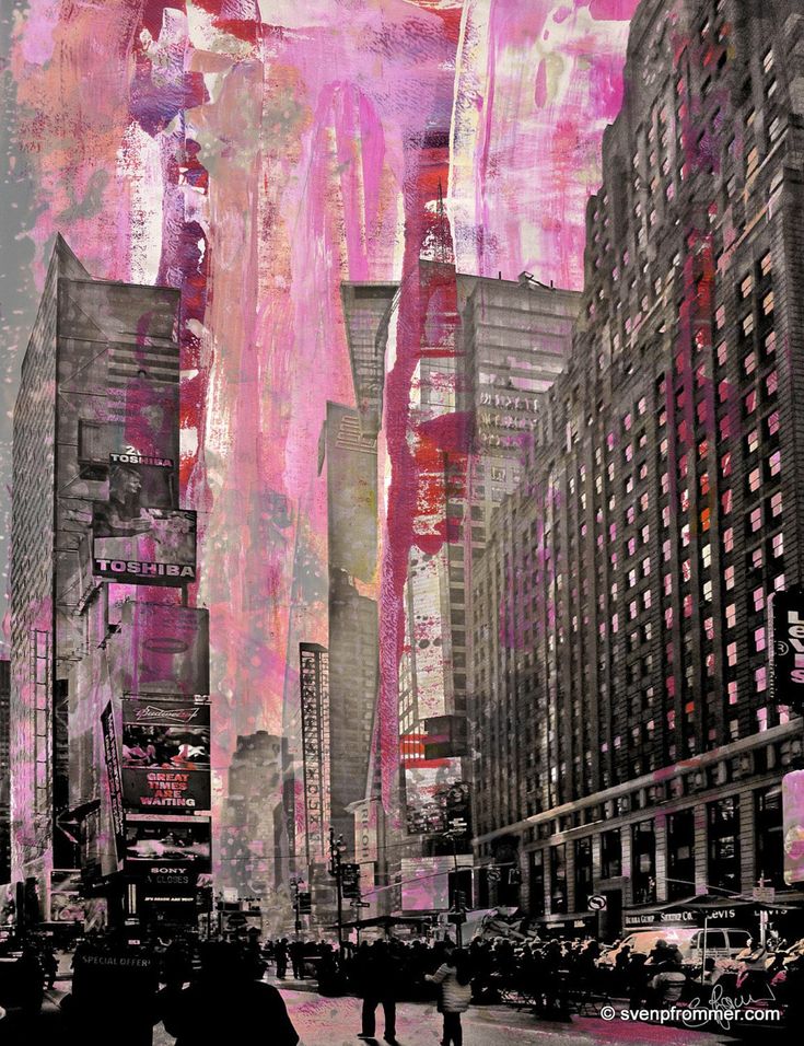 an abstract painting of people crossing the street in new york city with skyscrapers and pink clouds