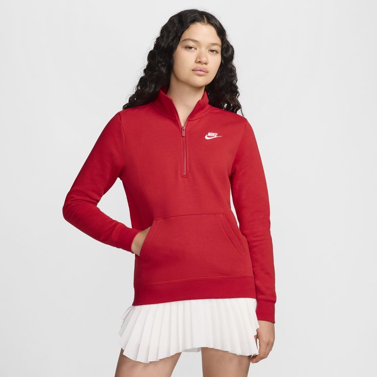 Club Fleece sweatshirts, universally loved for their coziness and consistency, are for everyone. Always soft and made with a relaxed fit, they’re basics that help you do more. The stand-up collar and 1/2-zip closure on this pullover provide styling options that help keep cold weather out. University Red Sporty Sweatshirt For Fall, Sporty University Red Sweatshirt For Fall, Nike Winter Half-zip Top, Nike Fleece Tops With Relaxed Fit, Nike Half-zip Top For Fall, Casual Half-zip Sweatshirt With Cozy Fit, Nike Relaxed Fit Fleece Tops, Red Nike Sweatshirt With Ribbed Cuffs, Nike Half-zip Winter Top