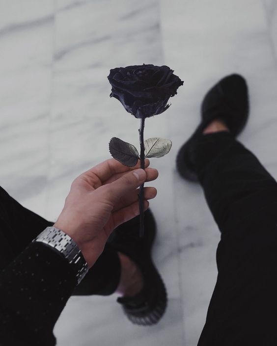 a person holding a black rose in their left hand and another persons foot on the ground