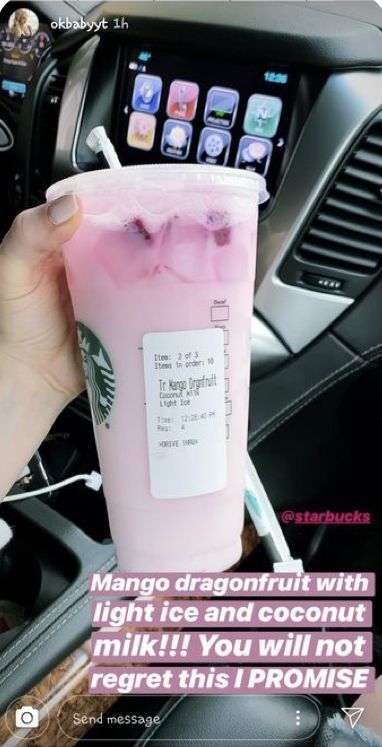 someone holding up a pink drink in their hand with the caption, mango dragonfruit with light ice and coconut milk