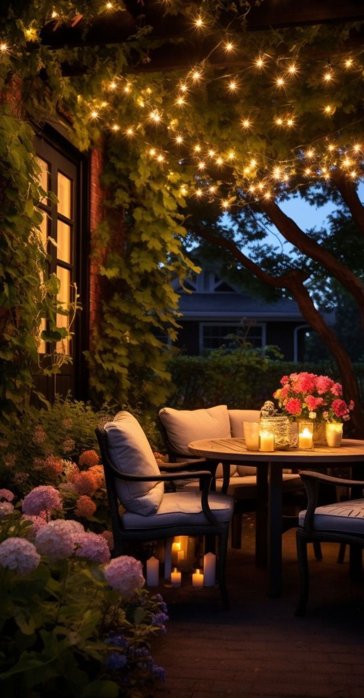 an outdoor dining area is lit up with candles and flowers