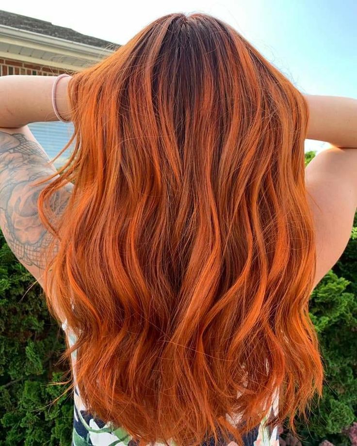 Orange On Brown Hair, Pumpkin Orange Hair, Pumpkin Spice Hair Dark Roots, Auburn With Copper Highlights, Bright Copper Hair Balayage, Balayage Hair Orange Copper, Bright Copper Hair Dark Roots, Copper Hair Blended Roots, Bright Orange Highlights In Brown Hair