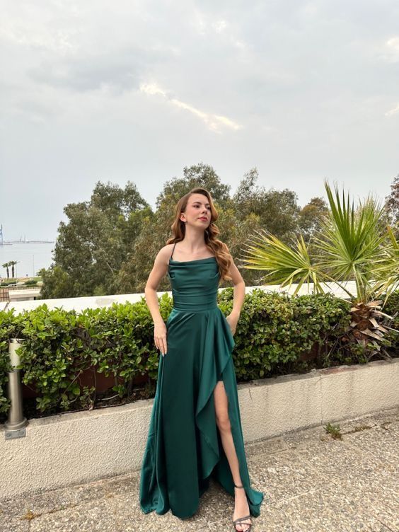 Dark Forest Green Prom Dress, Dark Green Grad Dress, Dark Green Grad Dresses, Dark Green Dress Aesthetic, Green Birthday Dress, Green Dress Prom, Dark Green Satin Dress, Forest Green Prom Dress, Dark Green Long Dress