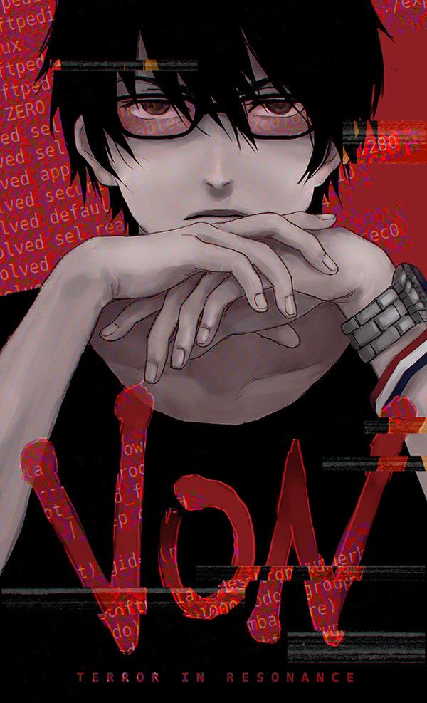 an anime character with his hand on his face and the word vov written in red