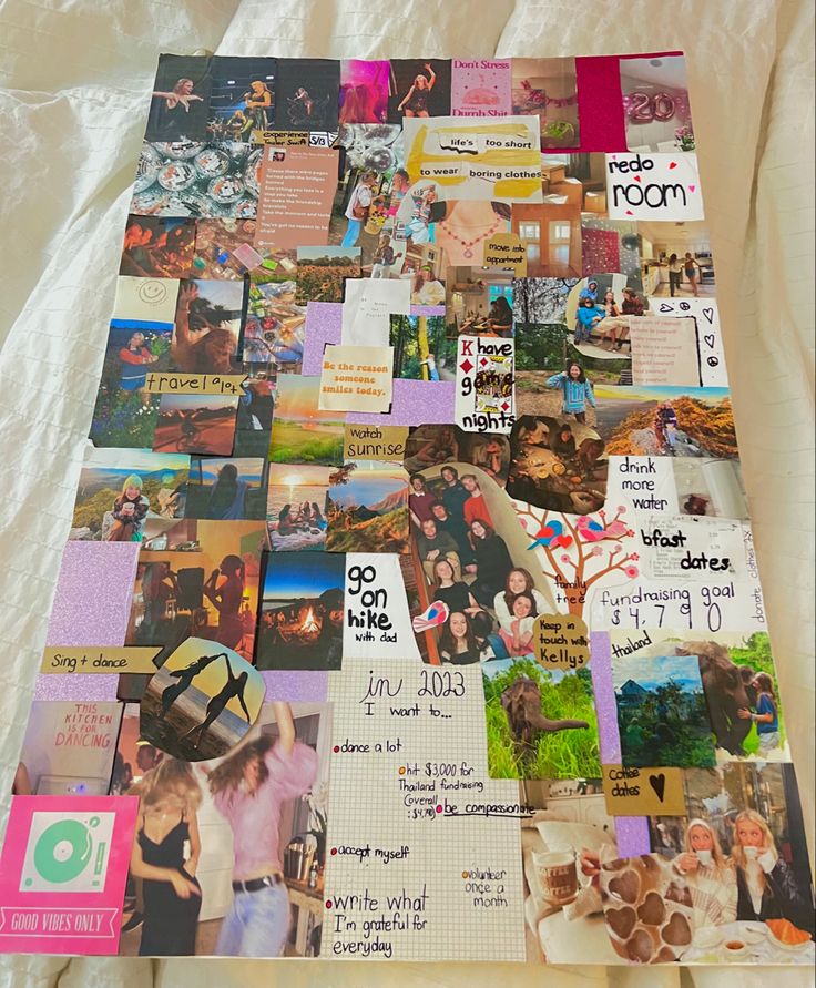 a collage of photos and pictures on a sheet of paper