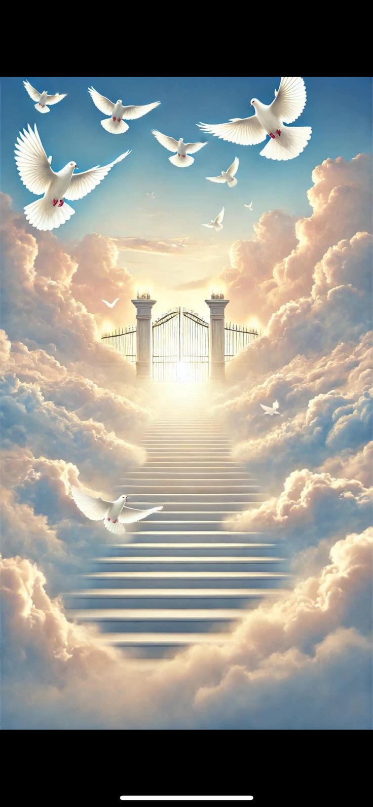 stairway leading to heaven with white doves flying over it and gates in the sky