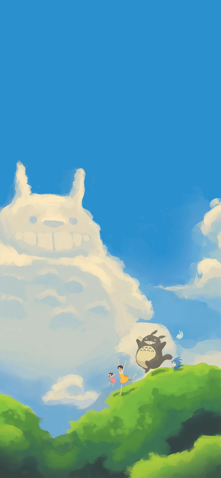 an animated image of people standing on top of a hill with clouds in the background