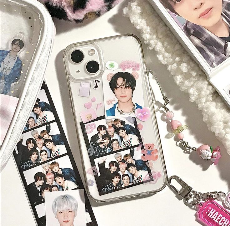 the phone case is decorated with photos and charms