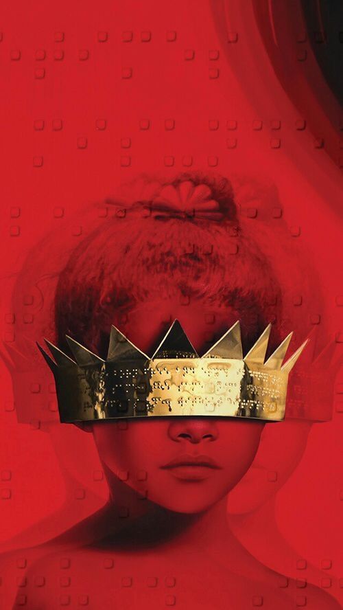 a woman with a crown on her head in front of a red background and text