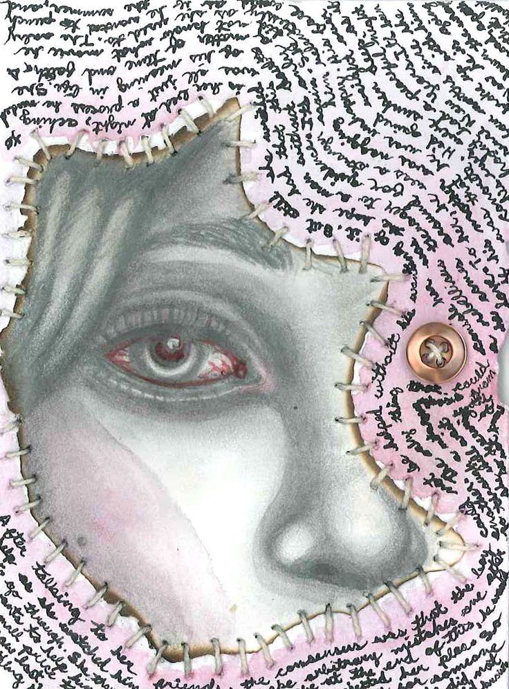 a drawing of a woman's face with words all over the place around her