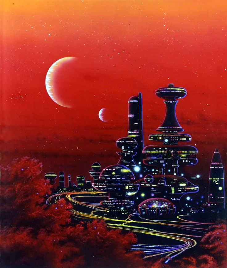 a painting of a city at night with the moon in the sky and buildings lit up